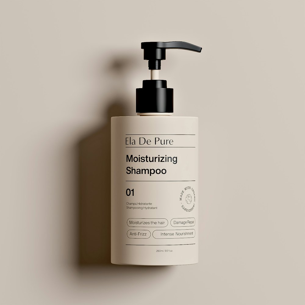 Moisturising shampoo bottle on a neutral background
